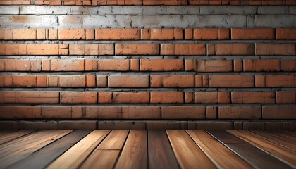 Wall Mural - Rustic charm of a brick wall against a warm wooden floor in a digitally crafted scene