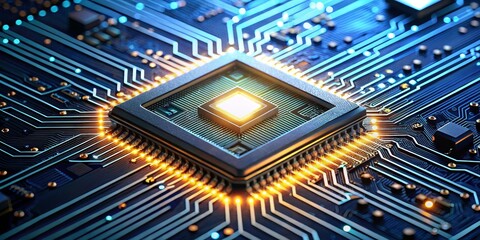 Wall Mural - Close-up of a glowing CPU on a circuit board, 3D render, computer hardware, technology, processing power, circuit board, motherboard