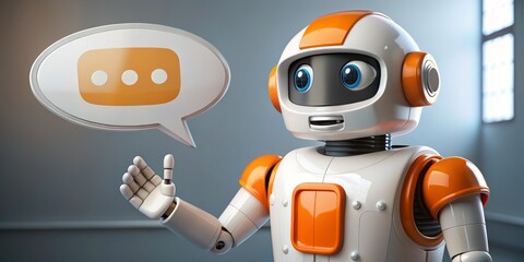 Wall Mural - Friendly Robot with Speech Bubble, 3D Render, Communication, AI, Chatbot, Robot, Artificial intelligence