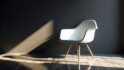 Elegant white chair casting a soft shadow on a dark background, illuminated by gentle floor light reflections