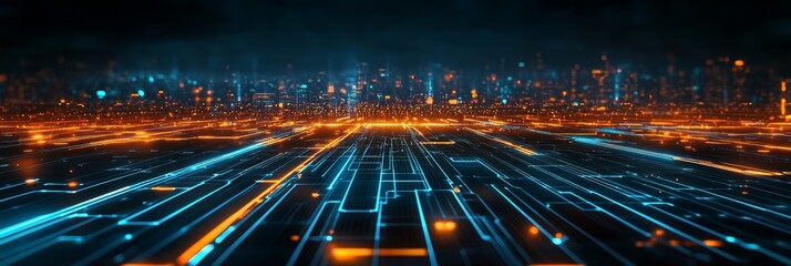 Poster - A breathtaking digital landscape that showcases vibrant hues of blue and orange lights, making it an ideal choice for projects related to AI, data analytics, and various graphics design applications