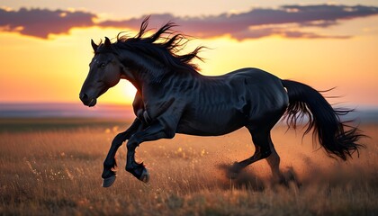 Wall Mural - Majestic black horse galloping across a sunlit field during a stunning sunset