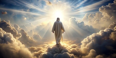 The Divine Presence A Man in White Robe Walking on Clouds, Sunlight Beams Through, Heaven, Faith, Belief ,Christianity, Spirituality