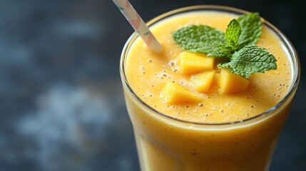 Close up of a mango smoothie garnished with mint leaves and a straw.