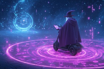 Wizard of the Digital Age - A mystical sorcerer navigates a luminous cyber realm on an electric scooter, blending ancient magic with futuristic technology. 