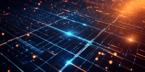 Poster - This captivating digital background beautifully showcases a grid of glowing lines adorned with a flurry of vibrant particles, making it an ideal choice for technology, AI, and data analysis projects