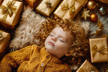 Wall Mural - Peaceful comfort envelops small boy curls he sleeps. Small boy gold hair and curly locks peacefully naps bed. Tenderness and warmth reflected boy's restful and carefree slumber.