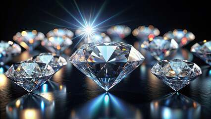 Poster - A striking arrangement of exquisite diamonds is showcased, with one stone radiating brilliance at the center, highlighting craftsmanship and elegance in a dark setting