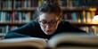 © gunzexx png and bg - A person deeply focused on reading a book in the library, surrounded by shelves filled with books, highlighting the importance of knowledge and concentration.