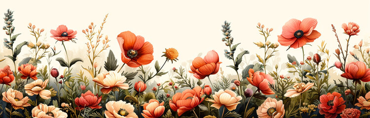 A vibrant vintage botanical illustration featuring detailed arrangement of colorful flowers, including poppies and other blossoms, creating lush and lively scene