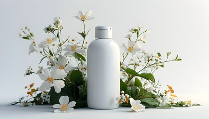 Wall Mural - Delicate white flowers displayed in a sleek white bottle against a minimalist background