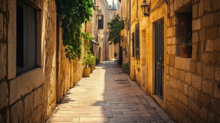 A narrow cobblestone street in a European city with stone buildings and a single figure walking in the distance.