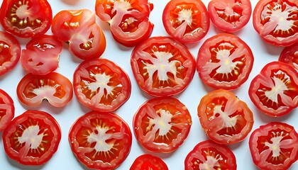 Wall Mural - Vibrant Fresh Tomato Slices Displayed on Crisp White Background