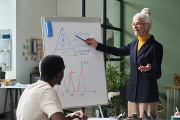 Poster - Senior woman standing by whiteboard giving business presentation to male colleague seated with casual attire in modern office with plants and large windows