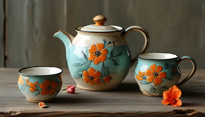 Artistic charm of vintage ceramic teapot and cup