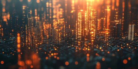 Poster - An absolutely mesmerizing digital background showcasing a stunning futuristic cityscape illuminated with glowing lights, ideal for AI, data, innovative techthemed projects and presentations