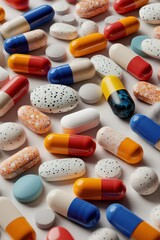 Colorful assortment of pills and capsules on a white background with various sizes and textures