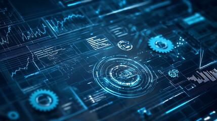 A futuristic blueprint design representing business growth, with charts, gears, and technology icons integrated into the design