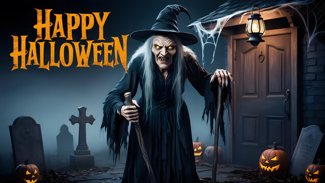 Happy Halloween banner, wallpaper. Halloween witches, pumpkins, and bats.