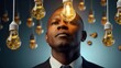 © Normal Desing - Lightbulb made of puzzle pieces floating above a businessman's head, innovation, creative thinking in business.