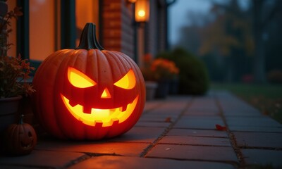 Halloween Jack-o'-lantern, glowing pumpkin, spooky atmosphere