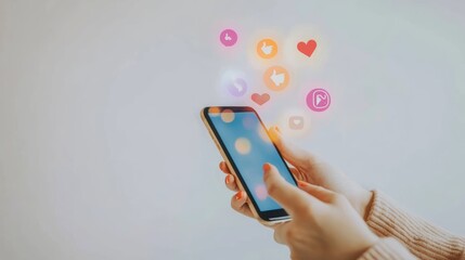 Poster - Female hand interacting with a smartphone screen displaying social media notifications. Engaging with digital content.