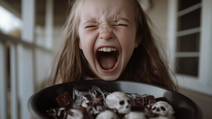 Wall Mural - A young girl is holding a tray of candy and screaming