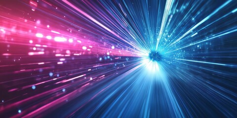 Fototapete - An abstract representation illustrating the flow of digital data, complete with vibrant light beams and advanced technological processes, all set within a modern and futuristic environment