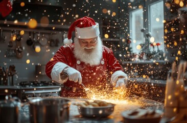 Poster - A Santa Claus in the kitchen is cooking cookies, and magical light particles and sparks fly from his hands, creating a magical atmosphere of Christmas joy.