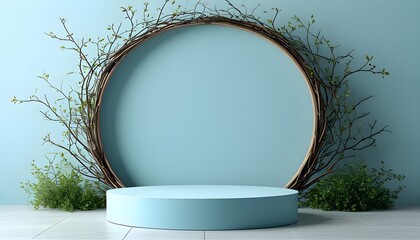 Wall Mural - Serene round pedestal set against a light blue wall, beautifully framed by delicate branches