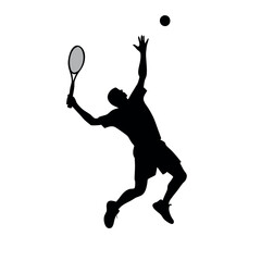 Poster - a tennis player in action. The player is in mid-air, with his body stretched out to hit the ball with his racket. silhouette