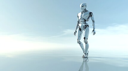A futuristic robot walks across a reflective surface against a light blue sky.