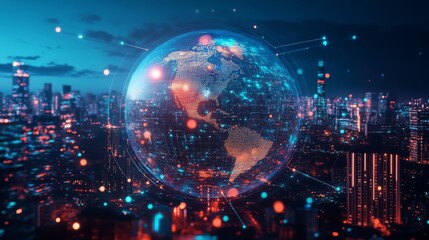 Poster - This artwork is an AIgenerated illustration that showcases an abstract representation of a globe. The focus is on North America, and it is creatively set against a lively and vibrant urban backdrop