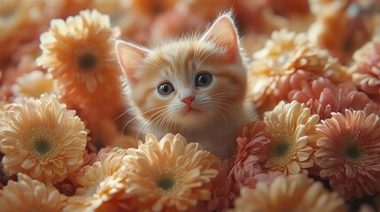 A playful kitten surrounded by vibrant flowers, evoking joy and warmth.