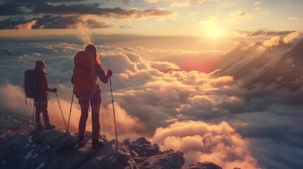 Canvas Print - Men with trekking poles standing at the summit, overlooking a cloud-filled valley, the sun breaking through the clouds