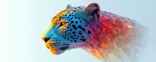 minimalist illustration of a leopard head blending realism and geometric abstraction in a vibrant, c