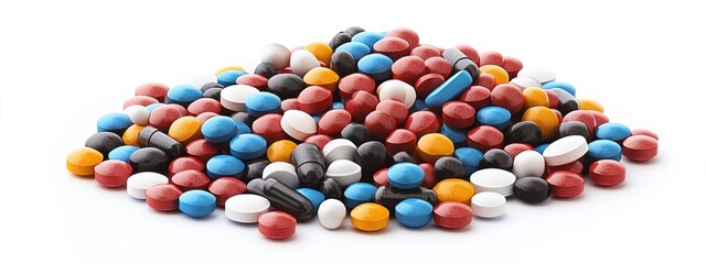 pile of assorted colorful pills and tablets isolated on white background showcasing various pharmace