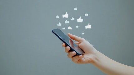 Poster - Smartphone screen showing floating like icons, symbolizing online engagement and digital approval.
