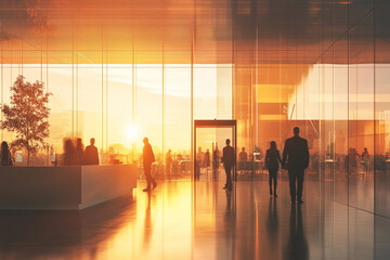 Busy office at sunset with silhouettes of professionals walking and standing amidst modern architecture and warm lighting