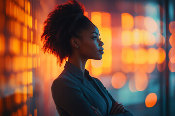 Confident young African American woman standing against a vibrant urban backdrop at twilight, showcasing strength and determination