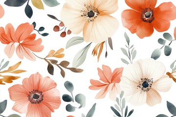 Wall Mural - Watercolor Boho Flowers with Neutral Colors, seamless, Flat White Background with Copy Space, 