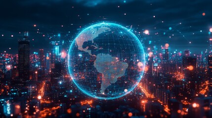 Poster - An AIgenerated illustration of a globe highlights North America with vibrant colors and futuristic elements, set against a striking digital city backdrop for added depth and an engaging atmosphere