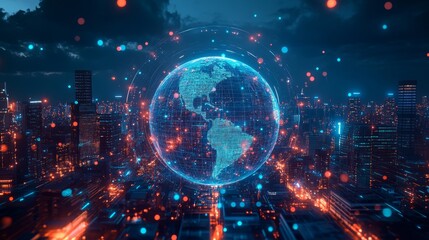Poster - This uniquely AIgenerated artwork presents a captivating abstract globe, specifically emphasizing North America. It features a vibrant digital network overlay that intricately connects regions