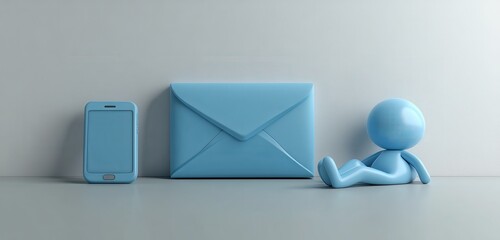Poster - 3D blue icon set featuring an envelope, phone, and person symbolizing communication and connectivity