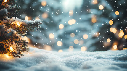 Christmas winter background with snow and blurred bokeh.Merry christmas and happy new year greeting card with copy-space.