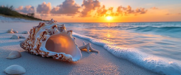 A seashell on a sandy beach at sunset, with gentle waves lapping.