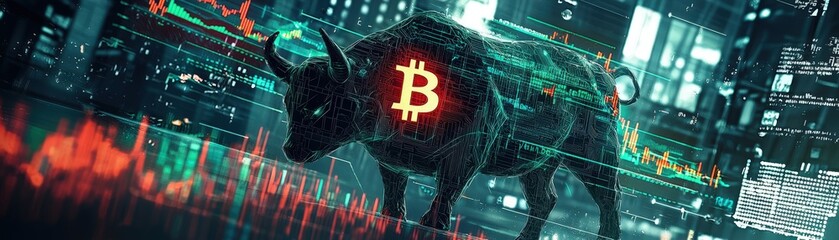 A futuristic business wallpaper showcasing a glowing Bitcoin symbol at the center, flanked by a roaring digital bull and a growling bear, with abstract financial data swirling around them in shades