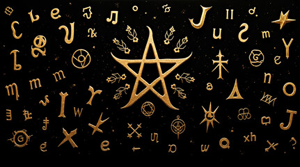 Gold Mystical Pentagram with Various Esoteric Symbols on Black Background