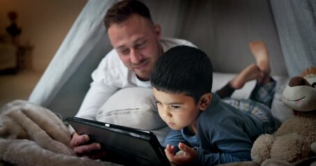 Sticker - Tablet, boy and father with bedroom fort for social media, video or online gaming app at home. Website, dad and family together with bonding, streaming and movie with duvet and internet in a house