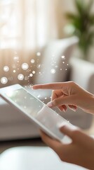 Poster - Hand pointing to tablet screen with floating social media icons in home environment. Communication through social apps concept.